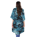 Blue And Black Digital Camo Print Open Front Beach Cover Up