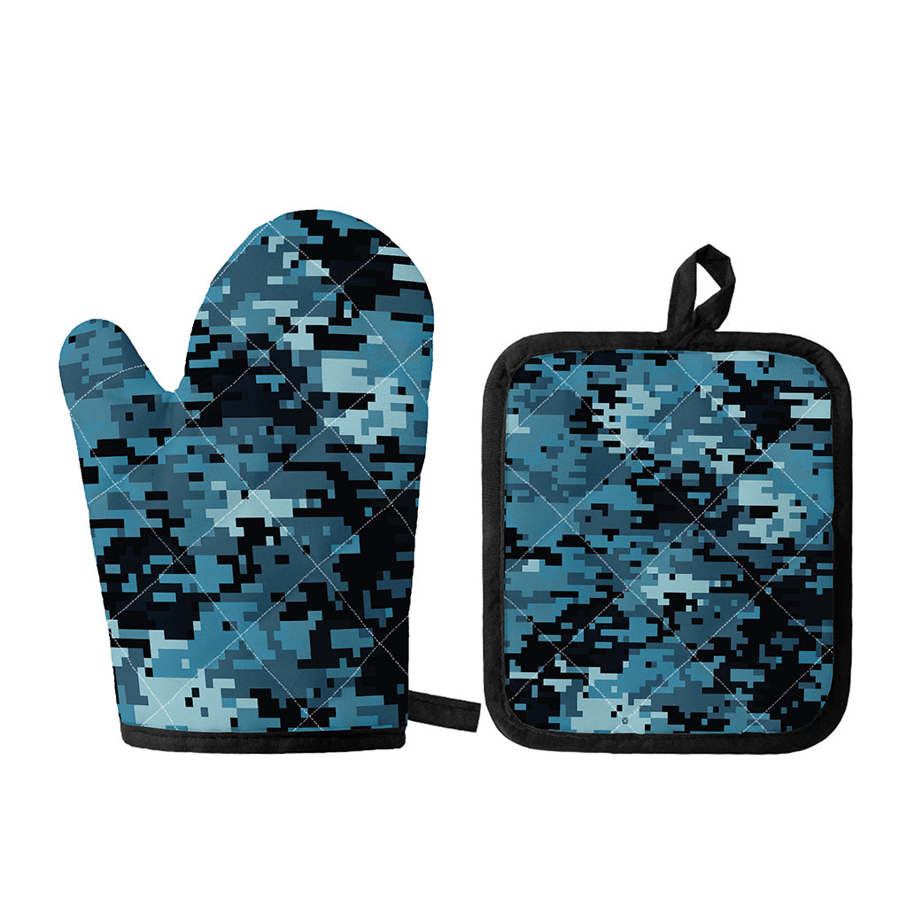 Blue And Black Digital Camo Print Oven Mitt And Pot Holder Set