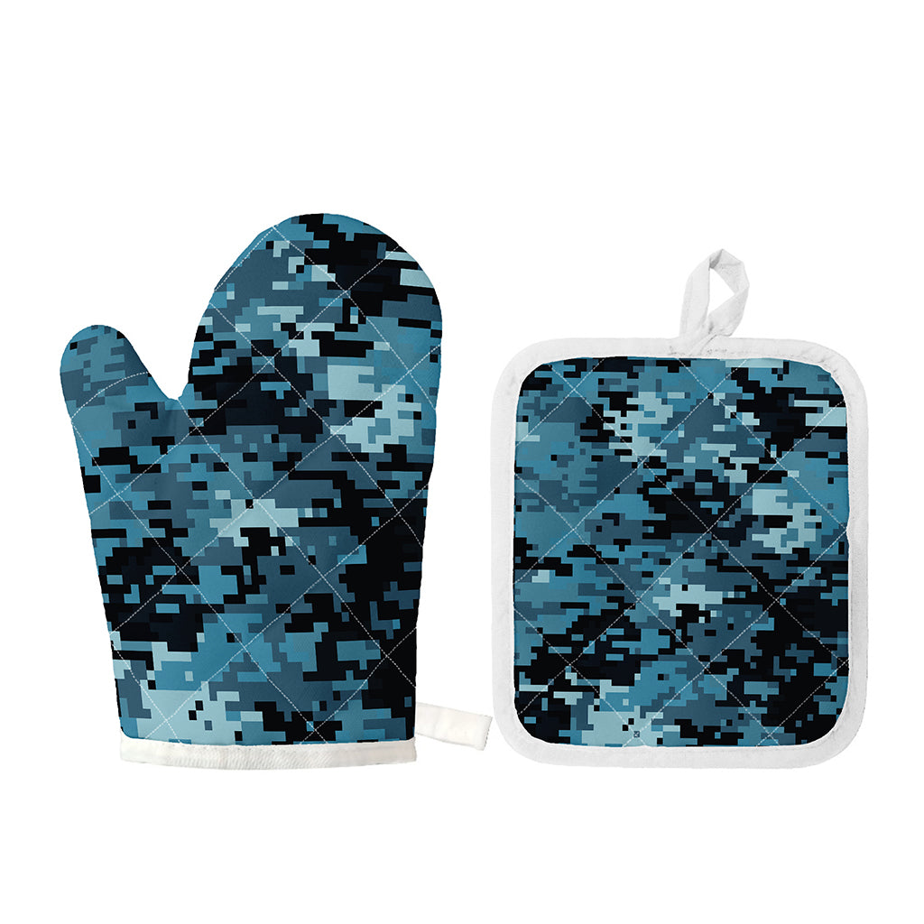 Blue And Black Digital Camo Print Oven Mitt And Pot Holder Set