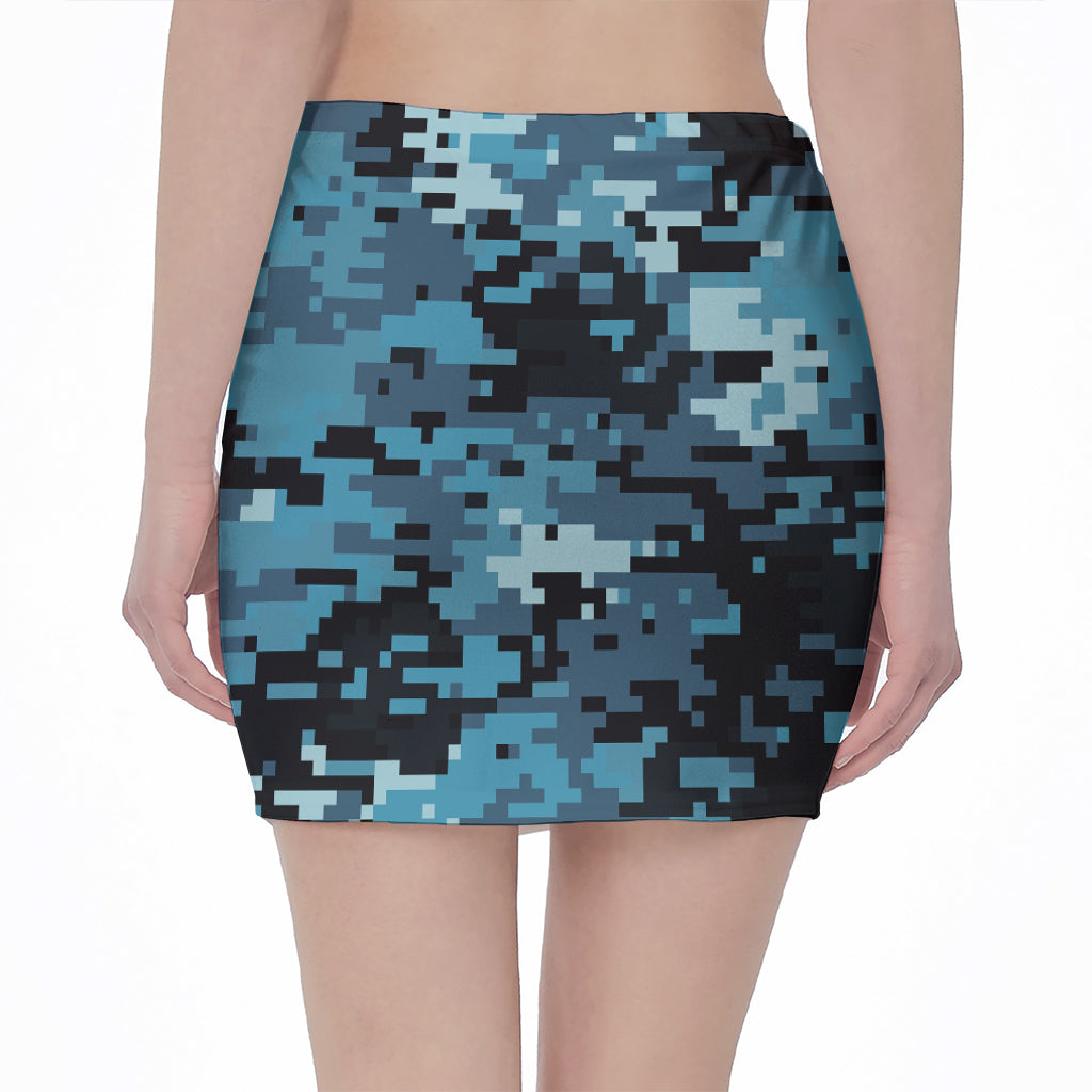 Blue And Black Digital Camo Print Pencil Mini Skirt
