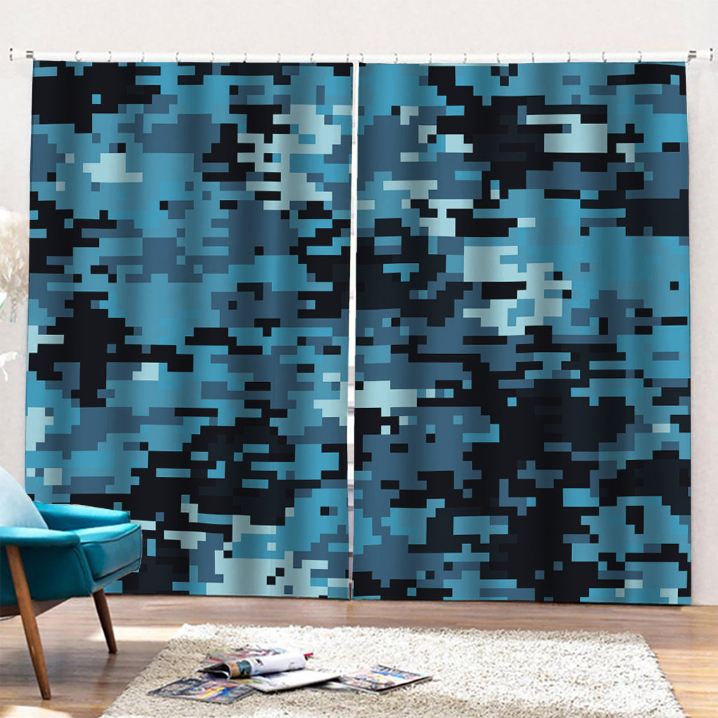 Blue And Black Digital Camo Print Pencil Pleat Curtains