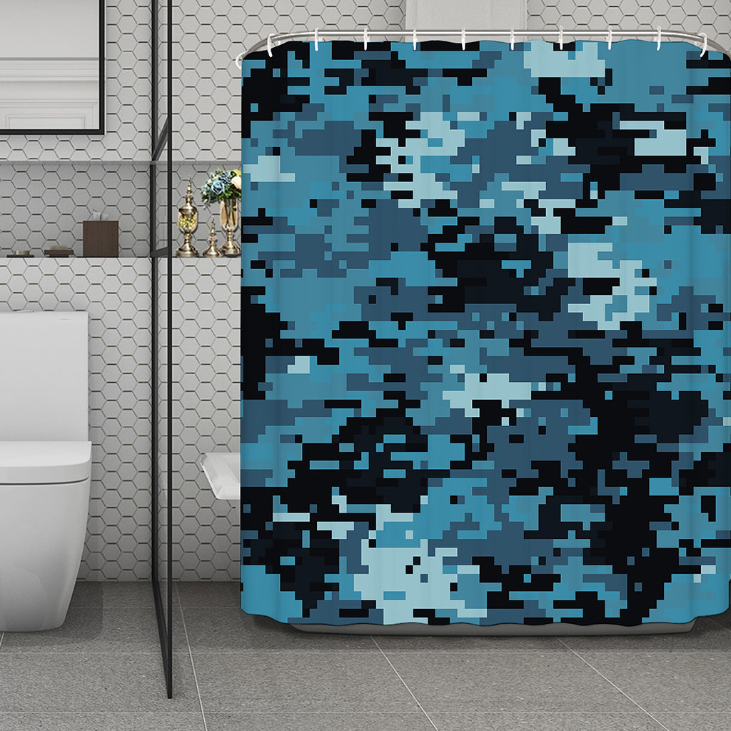Blue And Black Digital Camo Print Polyester Shower Curtain