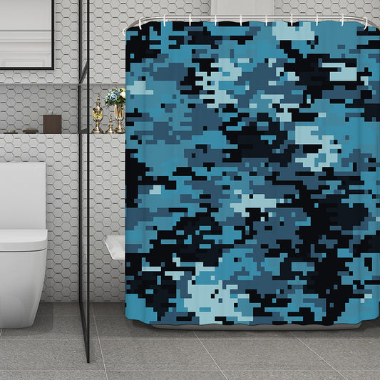 Blue And Black Digital Camo Print Polyester Shower Curtain