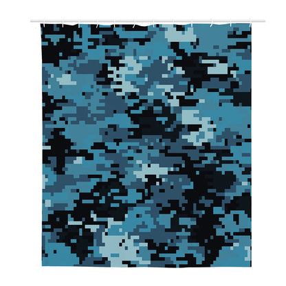 Blue And Black Digital Camo Print Polyester Shower Curtain