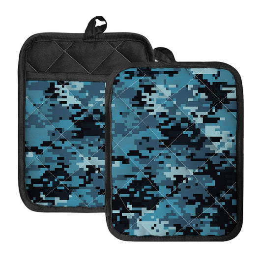 Blue And Black Digital Camo Print Pot Holders With Pocket