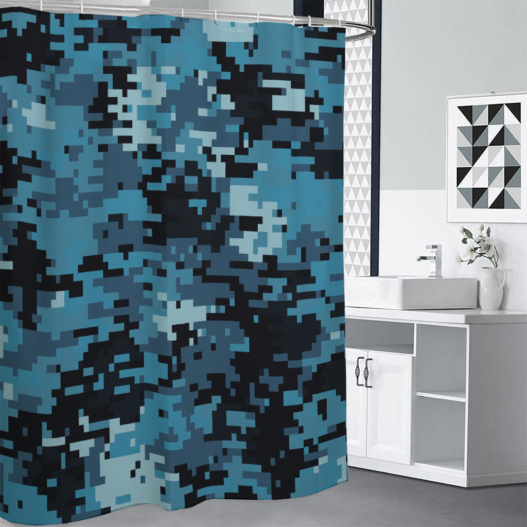 Blue And Black Digital Camo Print Premium Shower Curtain