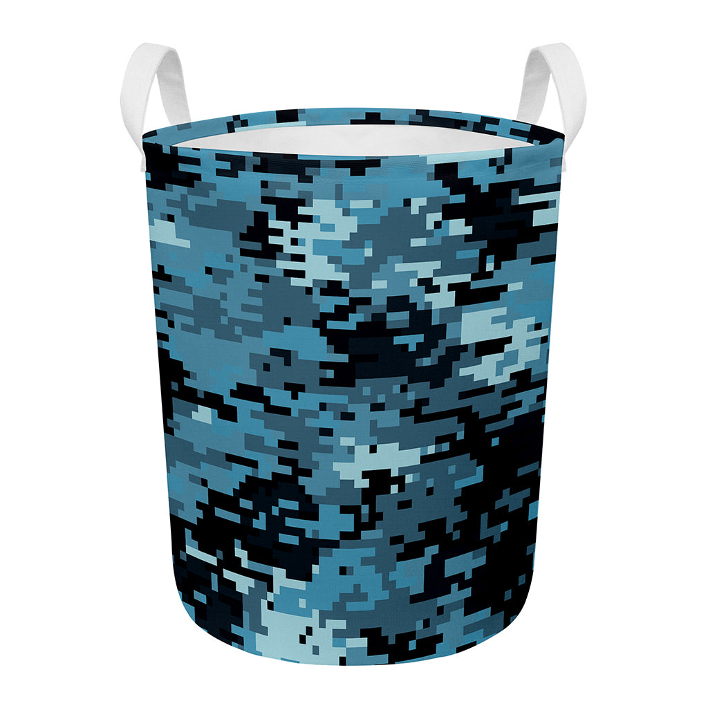 Blue And Black Digital Camo Print Round Laundry Basket