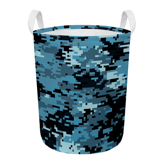 Blue And Black Digital Camo Print Round Laundry Basket