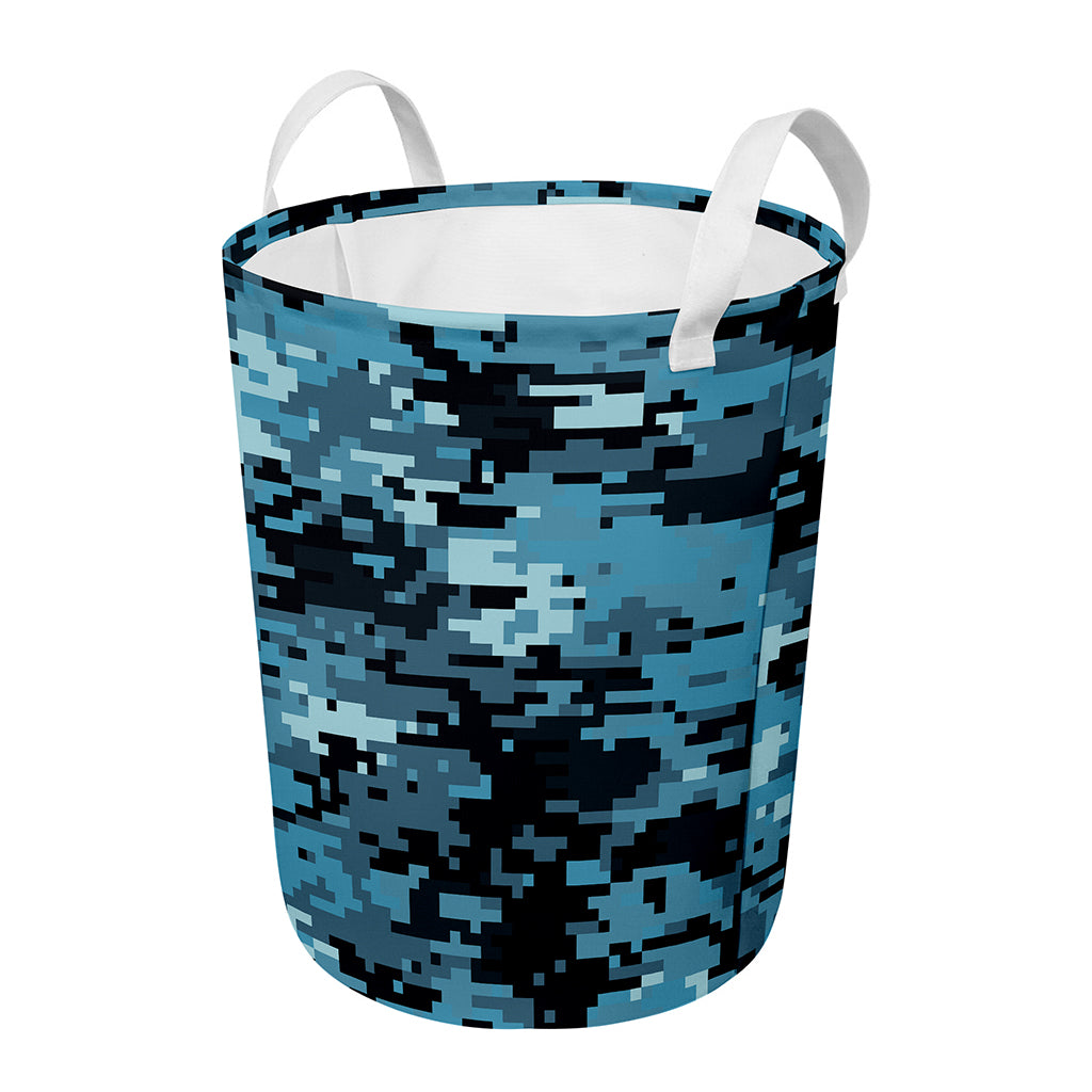 Blue And Black Digital Camo Print Round Laundry Basket