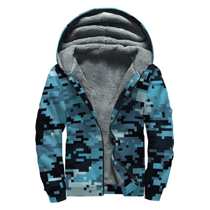Blue And Black Digital Camo Print Sherpa Lined Zip Up Hoodie