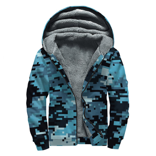 Blue And Black Digital Camo Print Sherpa Lined Zip Up Hoodie