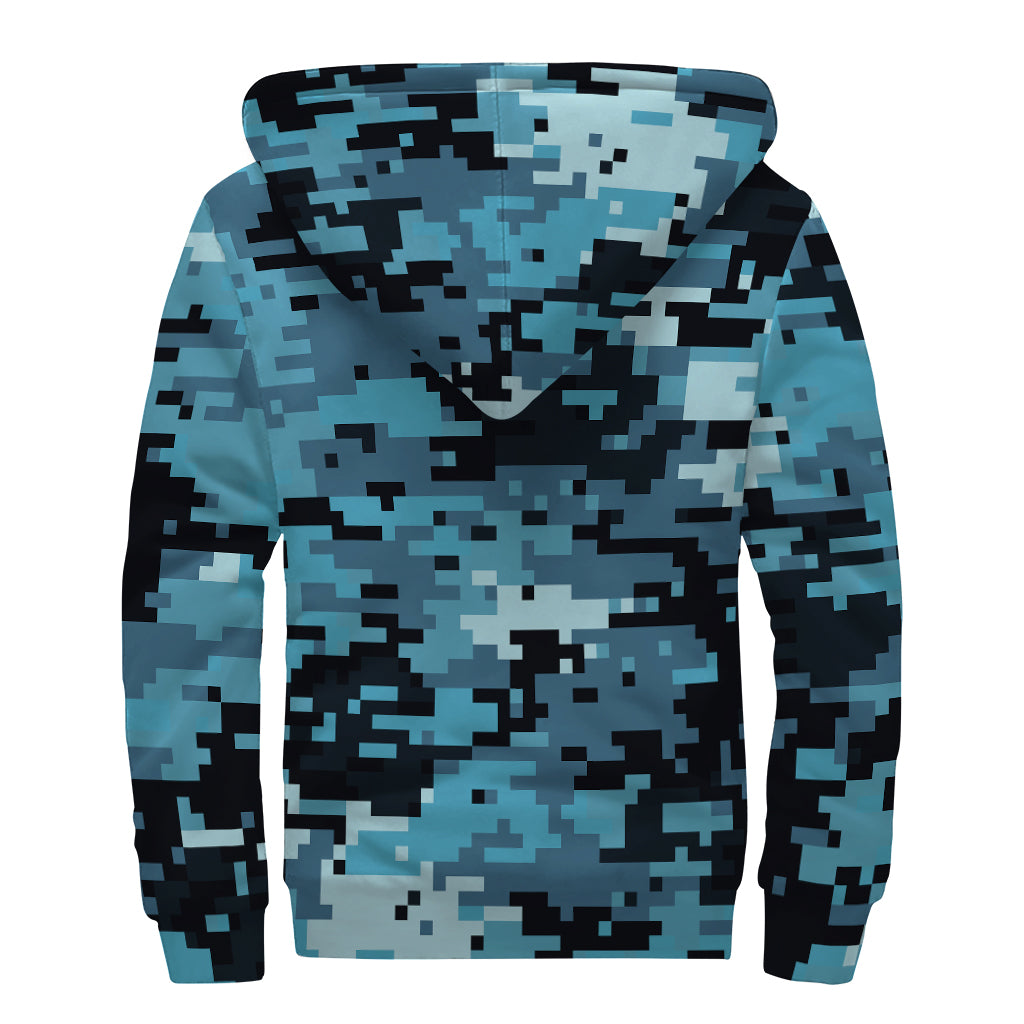 Blue And Black Digital Camo Print Sherpa Lined Zip Up Hoodie