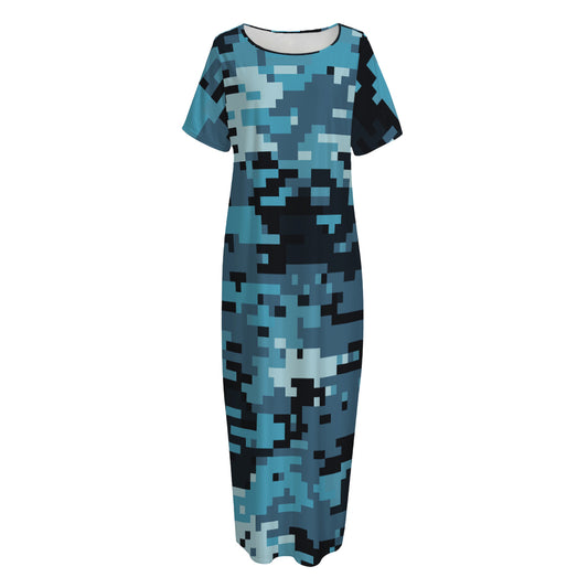 Blue And Black Digital Camo Print Short Sleeve Long Nightdress