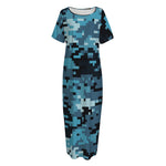 Blue And Black Digital Camo Print Short Sleeve Long Nightdress