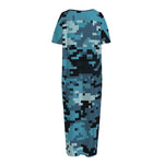 Blue And Black Digital Camo Print Short Sleeve Long Nightdress