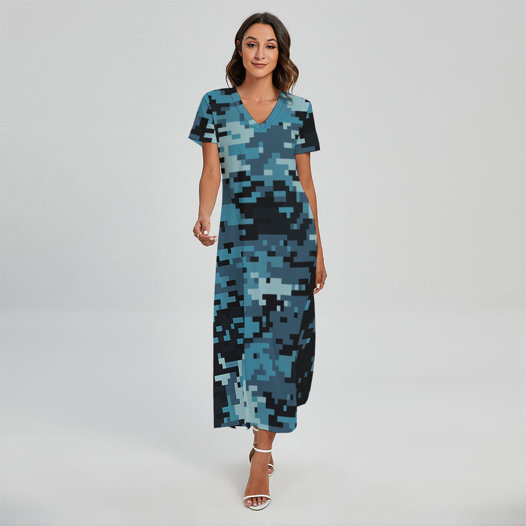 Blue And Black Digital Camo Print Short Sleeve Maxi Dress