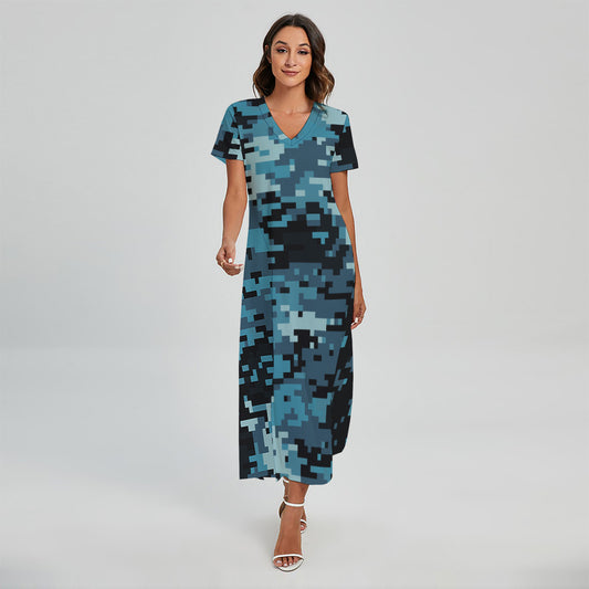 Blue And Black Digital Camo Print Short Sleeve Maxi Dress