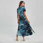 Blue And Black Digital Camo Print Short Sleeve Maxi Dress