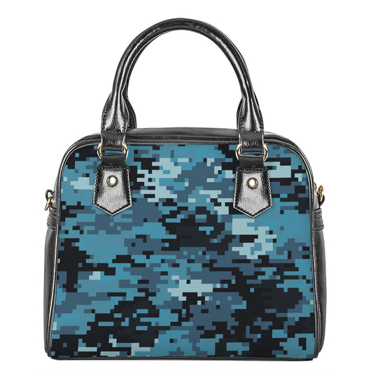 Blue And Black Digital Camo Print Shoulder Handbag