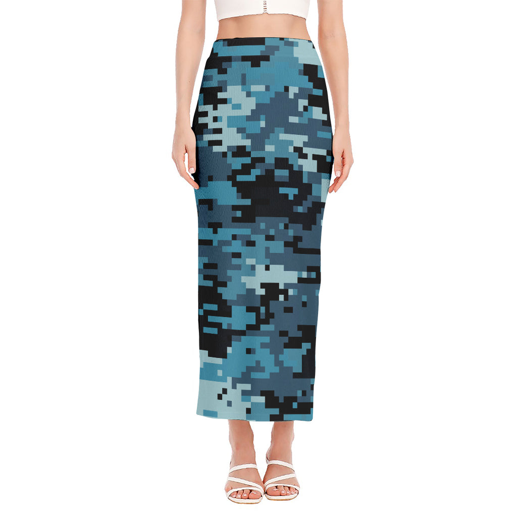 Blue And Black Digital Camo Print Side Slit Maxi Skirt