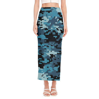 Blue And Black Digital Camo Print Side Slit Maxi Skirt