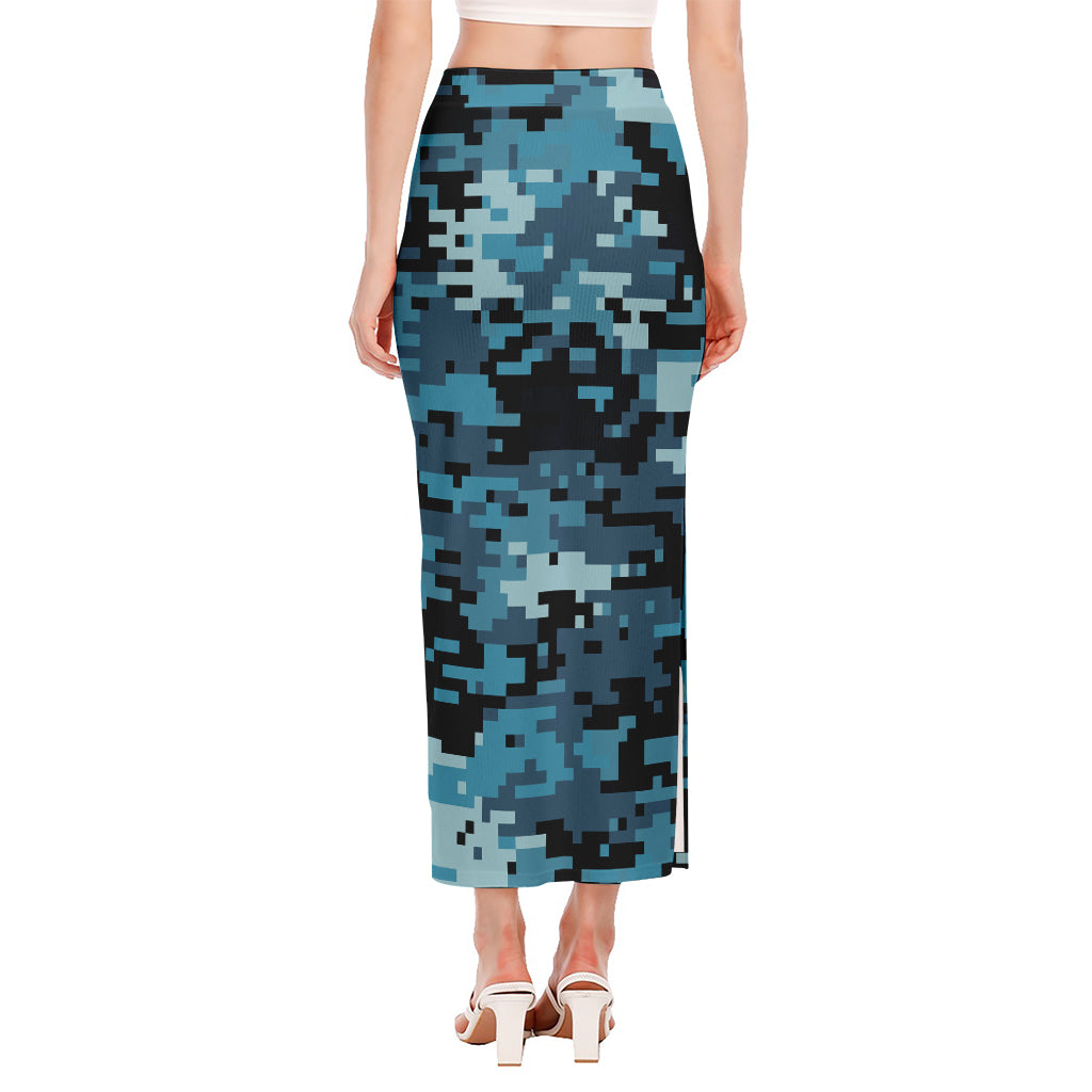 Blue And Black Digital Camo Print Side Slit Maxi Skirt