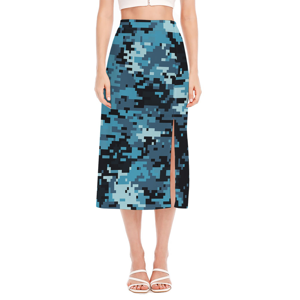 Blue And Black Digital Camo Print Side Slit Midi Skirt