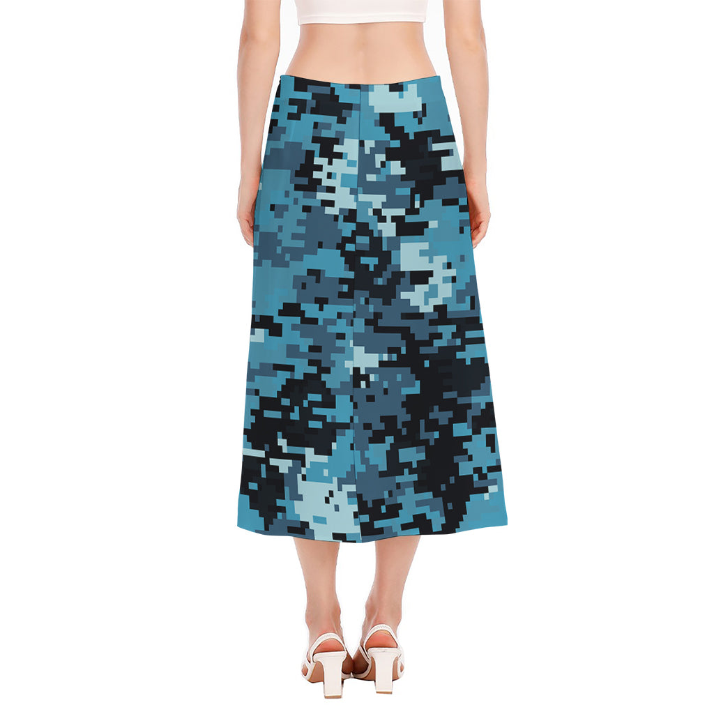 Blue And Black Digital Camo Print Side Slit Midi Skirt