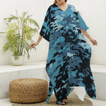 Blue And Black Digital Camo Print Silk V-Neck Kaftan Dress