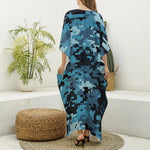 Blue And Black Digital Camo Print Silk V-Neck Kaftan Dress
