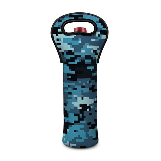 Blue And Black Digital Camo Print Single Neoprene Wine Tote