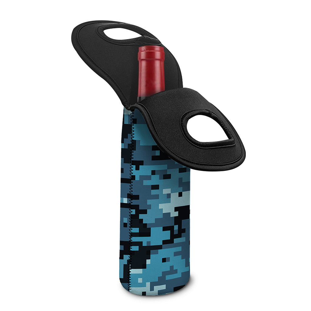 Blue And Black Digital Camo Print Single Neoprene Wine Tote