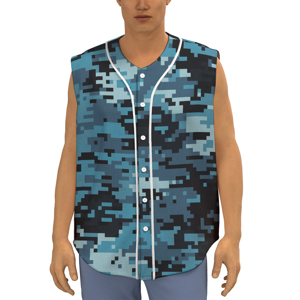 Blue And Black Digital Camo Print Sleeveless Baseball Jersey