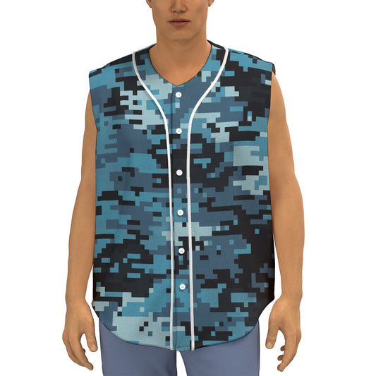 Blue And Black Digital Camo Print Sleeveless Baseball Jersey
