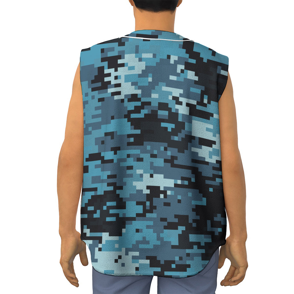 Blue And Black Digital Camo Print Sleeveless Baseball Jersey