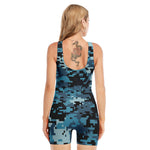 Blue And Black Digital Camo Print Sleeveless One Piece Swimsuit