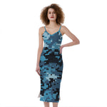 Blue And Black Digital Camo Print Slim Fit Midi Cami Dress