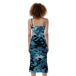 Blue And Black Digital Camo Print Slim Fit Midi Cami Dress