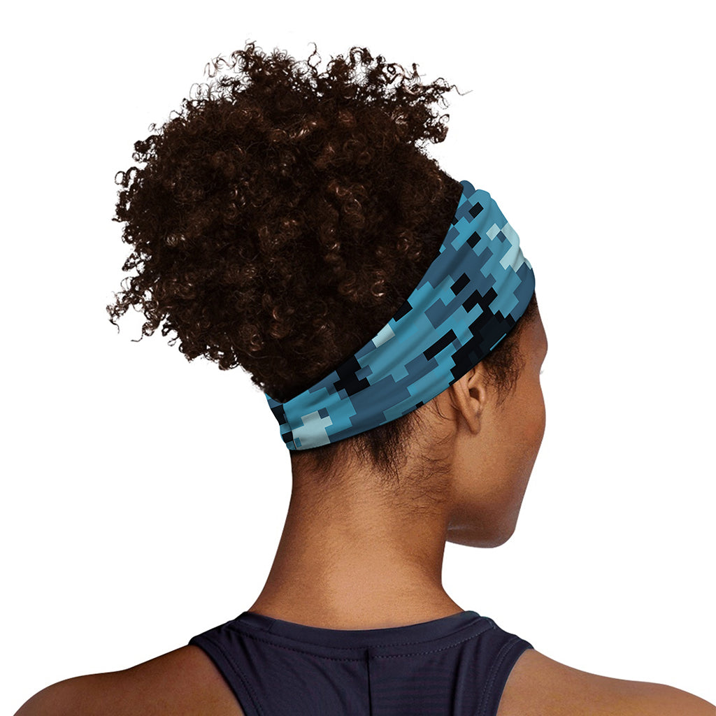 Blue And Black Digital Camo Print Sports Headband
