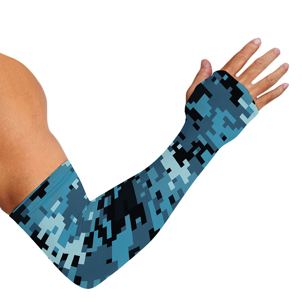 Blue And Black Digital Camo Print Sun Protection Arm Sleeves