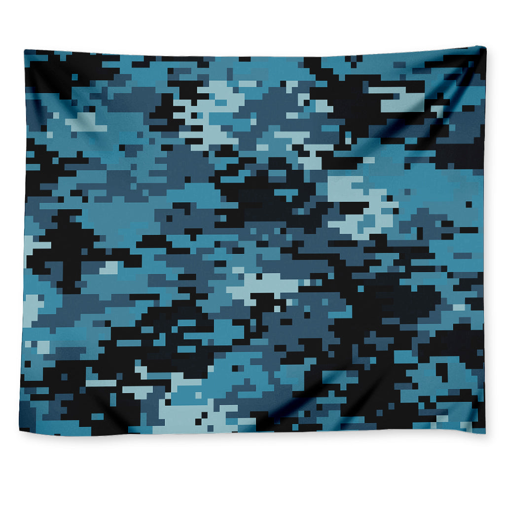 Blue And Black Digital Camo Print Tapestry