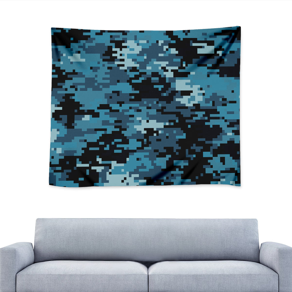 Blue And Black Digital Camo Print Tapestry