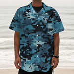 Blue And Black Digital Camo Print Textured Short Sleeve Shirt