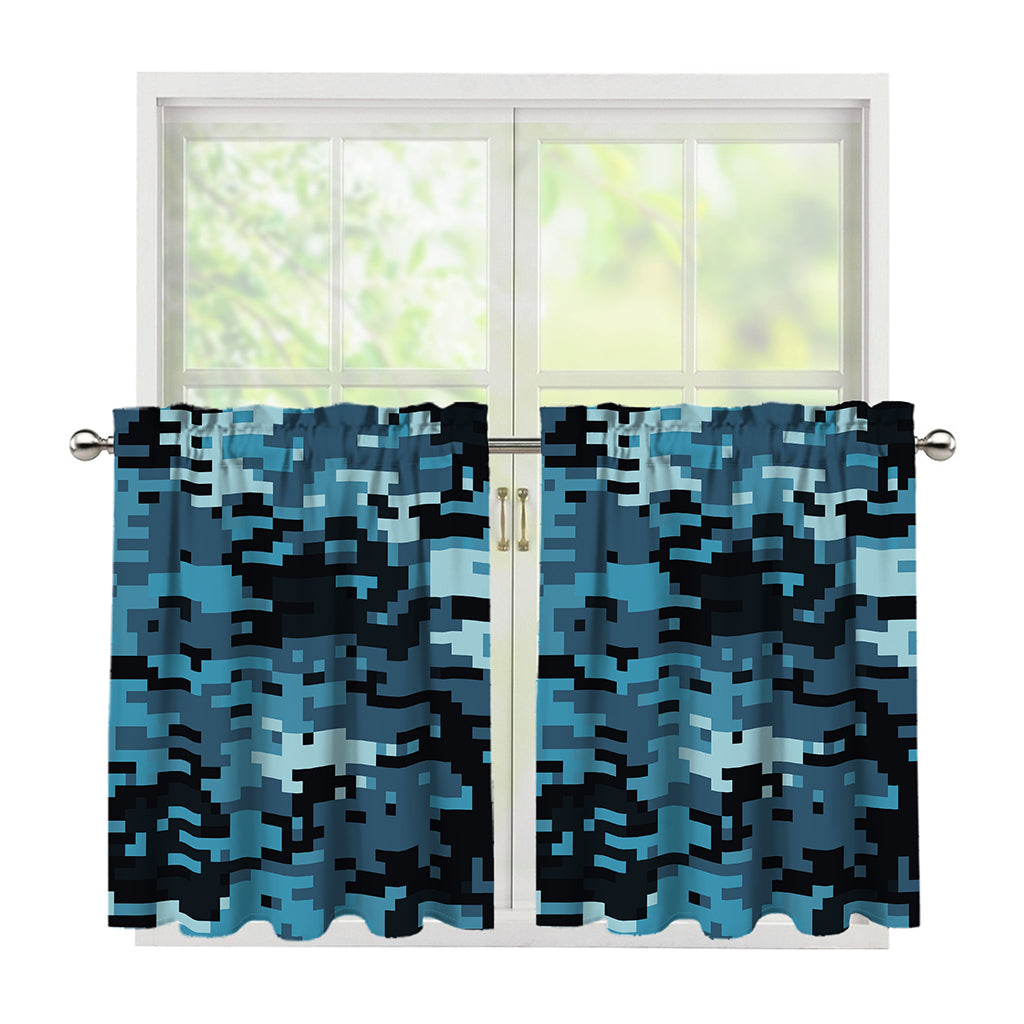 Blue And Black Digital Camo Print Tier Curtains