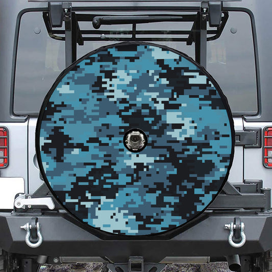 Blue And Black Digital Camo Print Tire Cover With Camera Hole