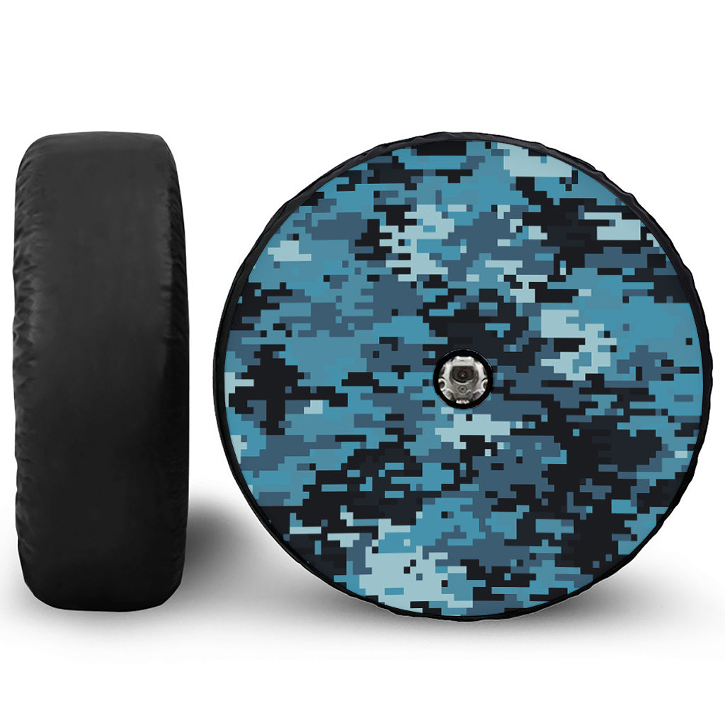 Blue And Black Digital Camo Print Tire Cover With Camera Hole