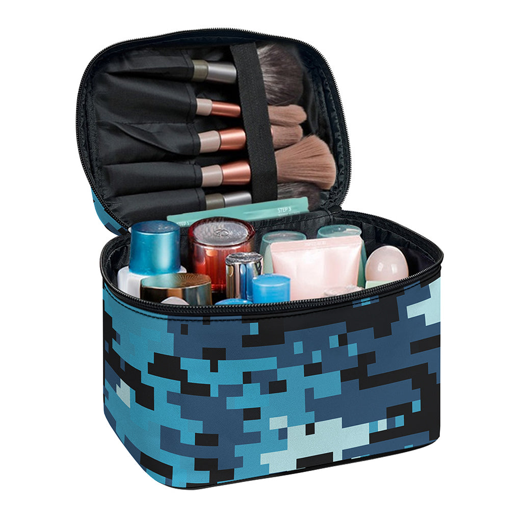 Blue And Black Digital Camo Print Travel Makeup Bag