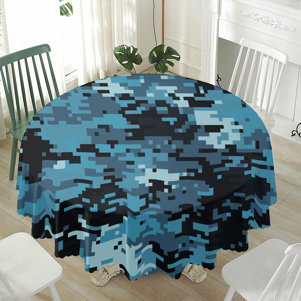 Blue And Black Digital Camo Print Waterproof Round Tablecloth