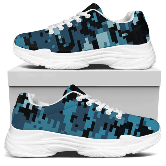 Blue And Black Digital Camo Print White Chunky Shoes
