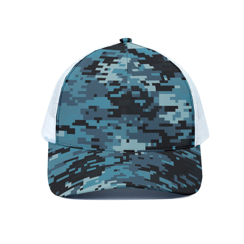 Blue And Black Digital Camo Print White Mesh Trucker Cap